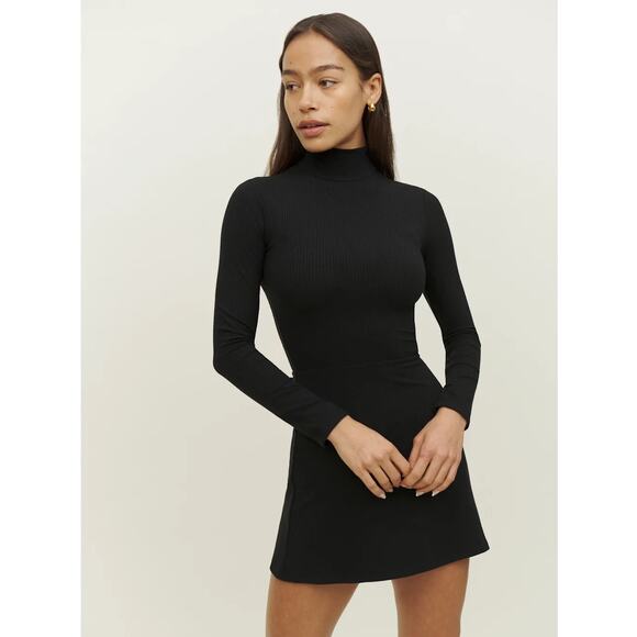 Reformation Maya Black Knit Long Sleeve Turtleneck A Line Mini Dress Size S - Picture 1 of 9